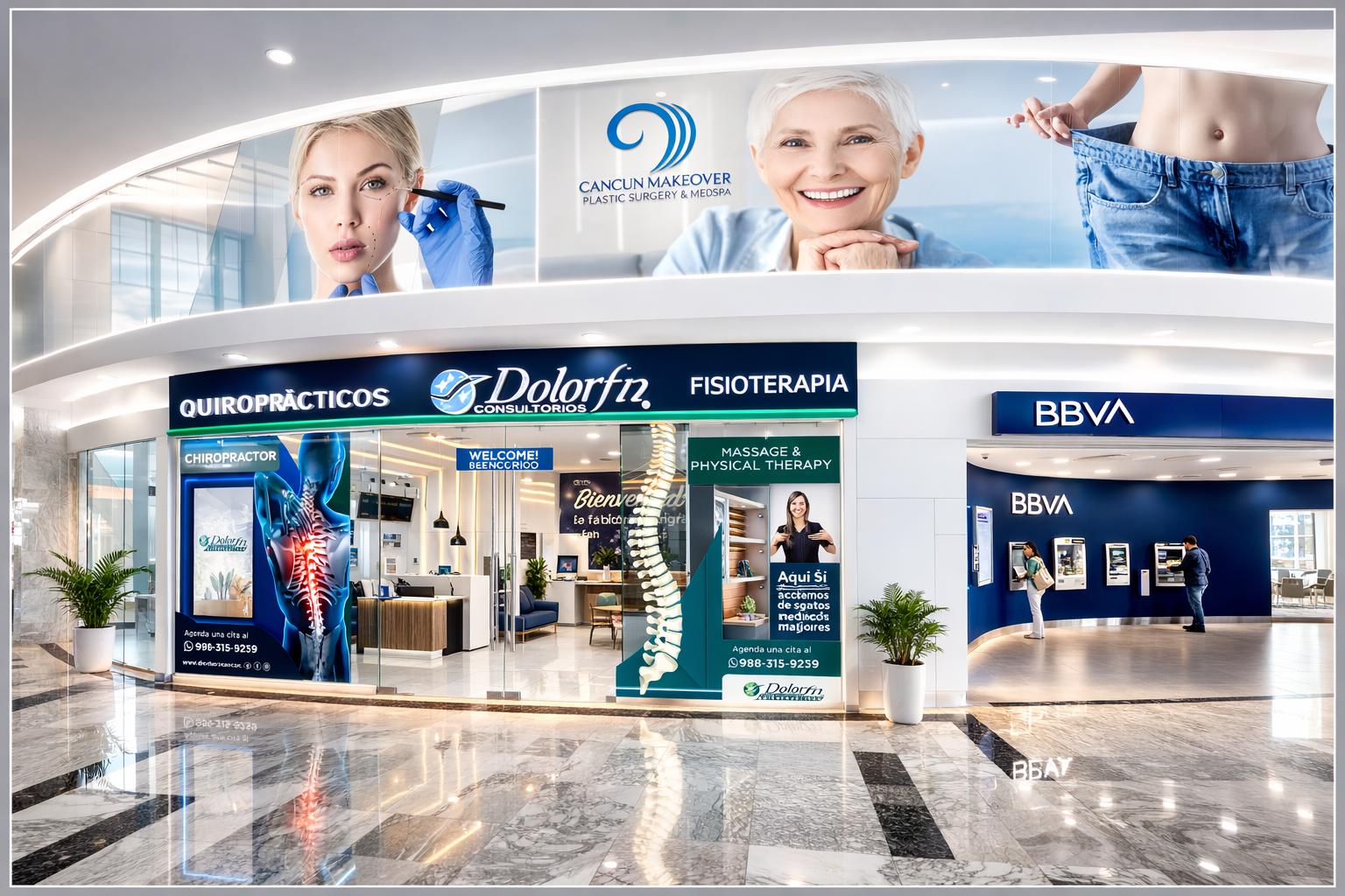 Fachada exterior Dolorfin Cancún – Clínica de quiropráctica y fisioterapia en Plaza Malecón Las Américas, Quintana Roo
