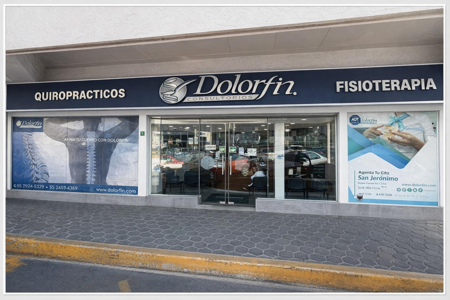 Fachada exterior de la clínica Dolorfin San Jerónimo en Jardines del Pedregal, Álvaro Obregón, CDMX Sur – Quiropráctica y Fisioterapia profesional